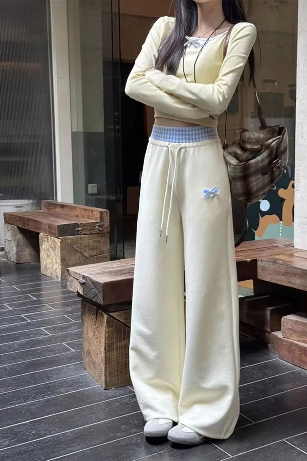 Cute Bow Plaid Waist Patchwork Loose Pants