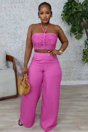 Cutout Halter Top High-Rise Wide Leg Pants 2pcs Set-Fuchsia [Pre Order]