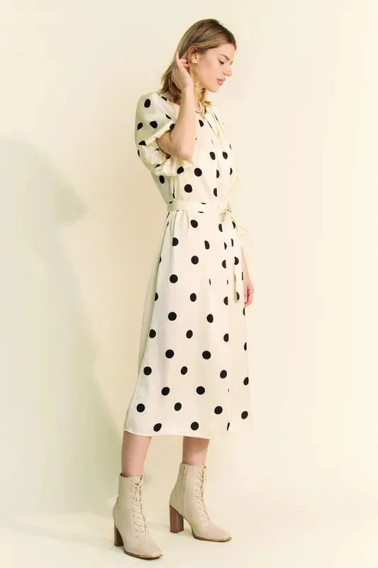 Davi & Dani Polka Dot Puff Sleeves Waist Tie Midi Dress