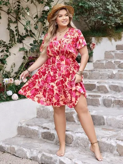 Elsie Plus Size Printed V-Neck Flutter Sleeve Dress