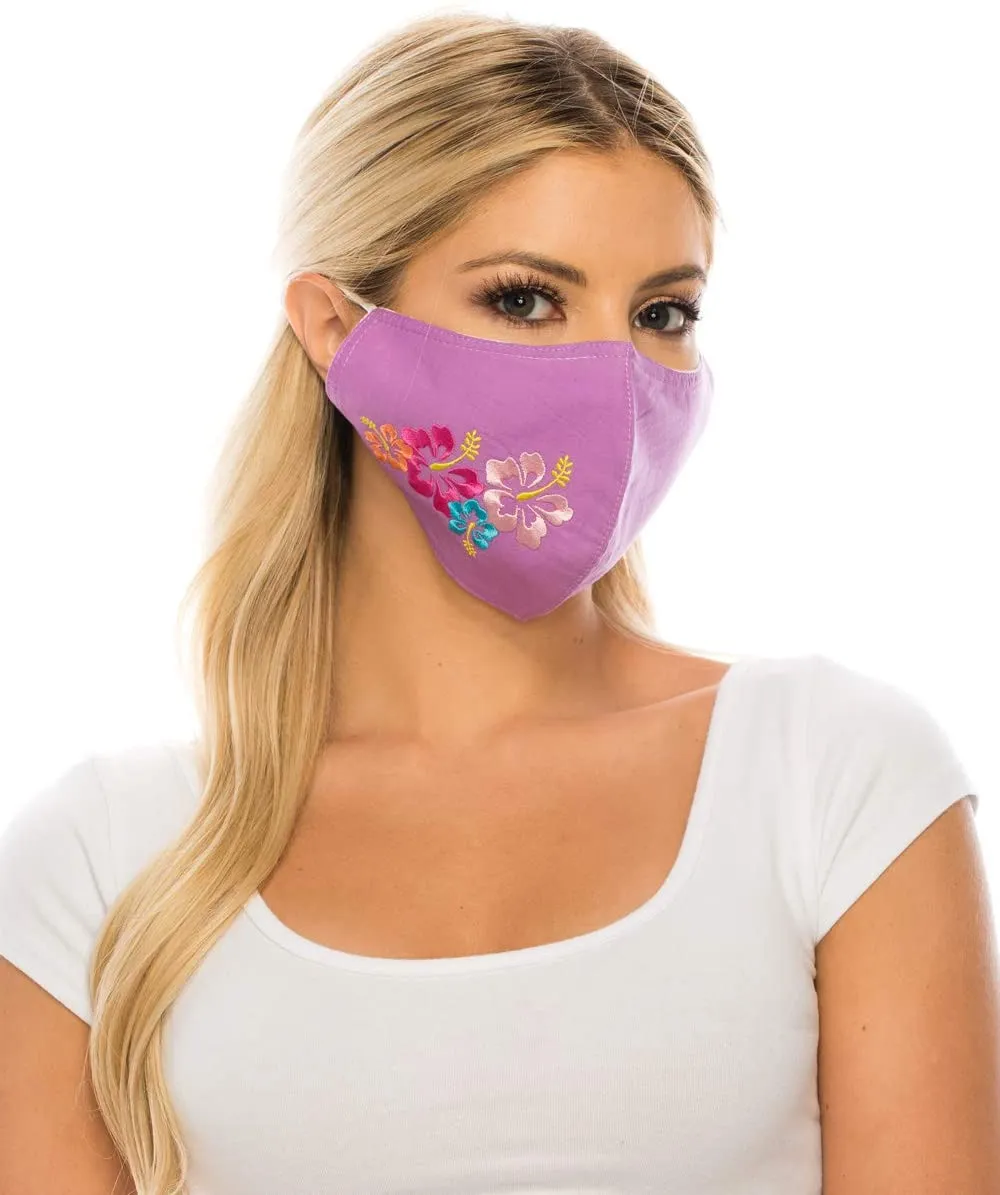 Embroidered Face Mask, LILAC  Cotton Blend, 2 layers W/Pocket for a filter, Washable, Reusable Mask, LARGER SIZING