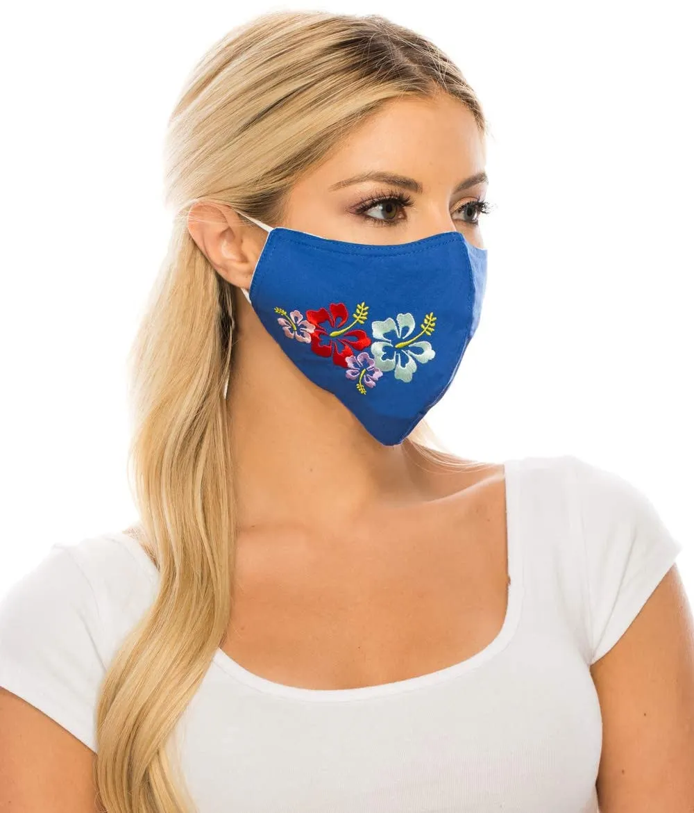 Embroidered Face Mask, Royal Blue  Cotton Blend, 2 layers W/Pocket for a filter, Washable, Reusable Mask, LARGER SIZING