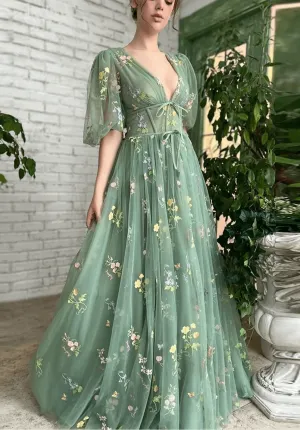 Embroidered Sage Green Prom Dresses Tulle Mesh Half Sleeves Flower Mexi Dress