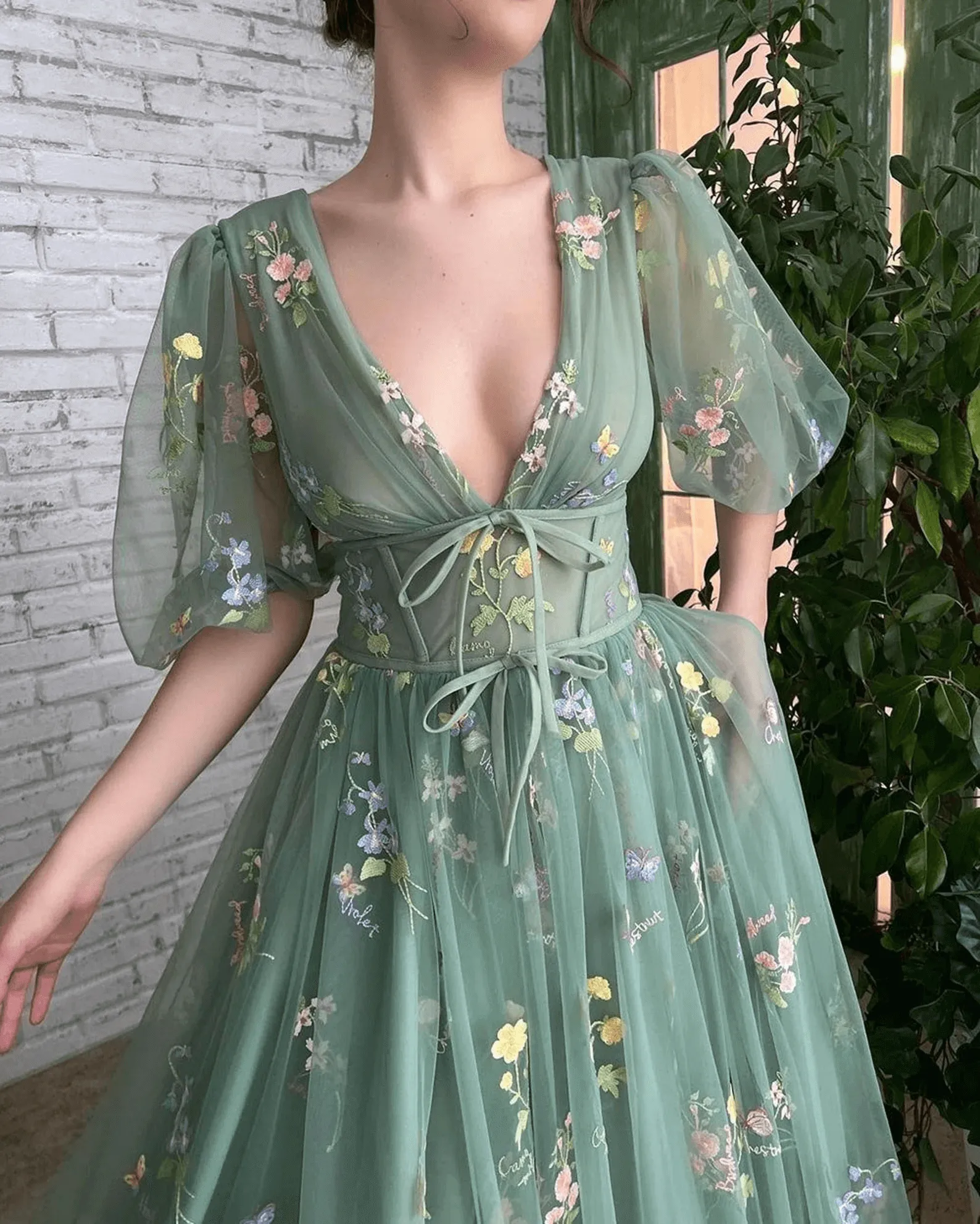 Embroidered Sage Green Prom Dresses Tulle Mesh Half Sleeves Flower Mexi Dress