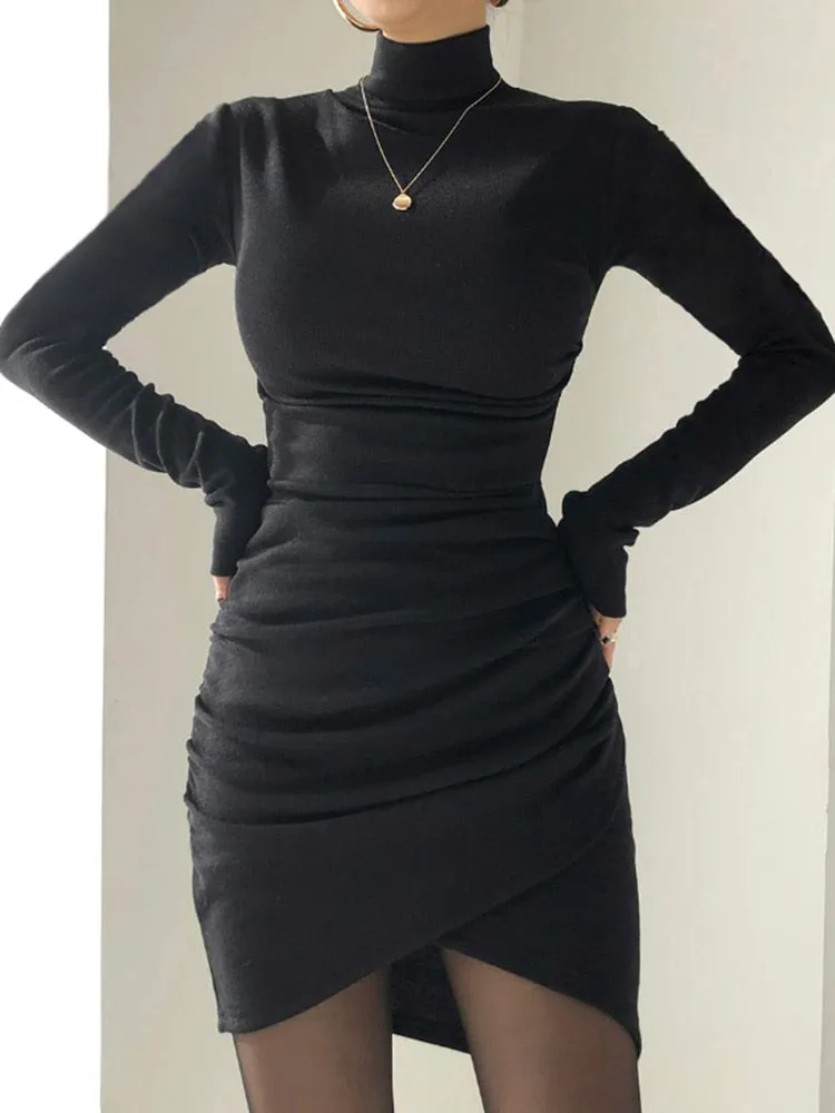 Fashion Elegant Bodycon Ruched Autumn Winter Dress Female Draped Basic Casual Dresses Turtleneck Outfits Long Sleeve