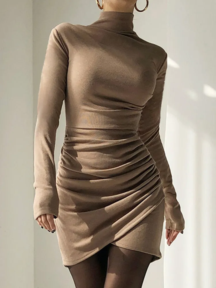 Fashion Elegant Bodycon Ruched Autumn Winter Dress Female Draped Basic Casual Dresses Turtleneck Outfits Long Sleeve