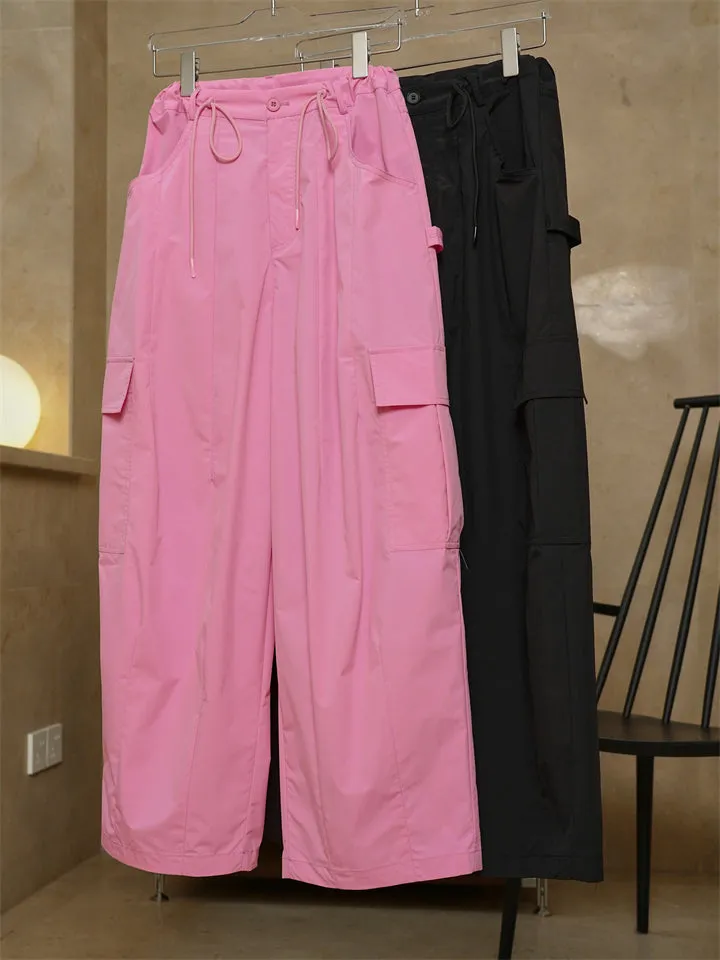 Female Solid Color Drawstring Elastic Waist Cargo Pants
