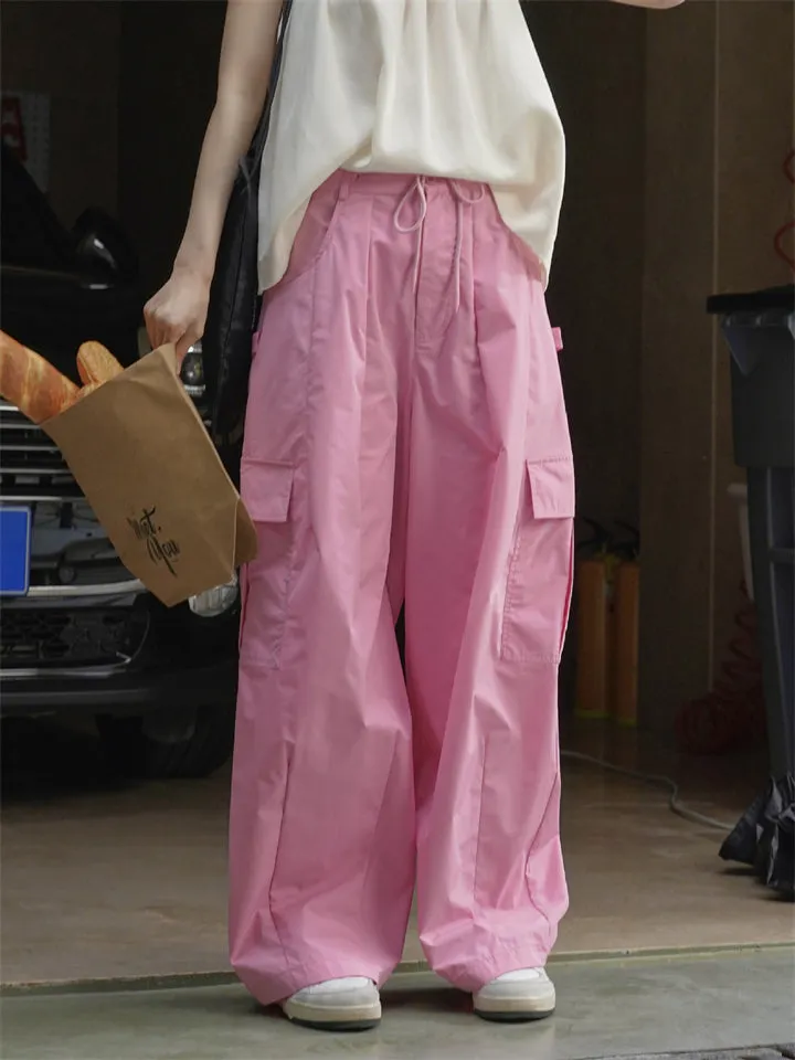 Female Solid Color Drawstring Elastic Waist Cargo Pants