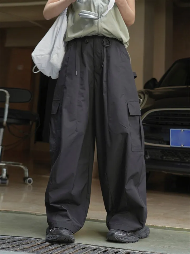 Female Solid Color Drawstring Elastic Waist Cargo Pants
