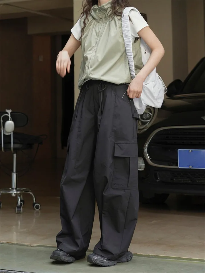 Female Solid Color Drawstring Elastic Waist Cargo Pants