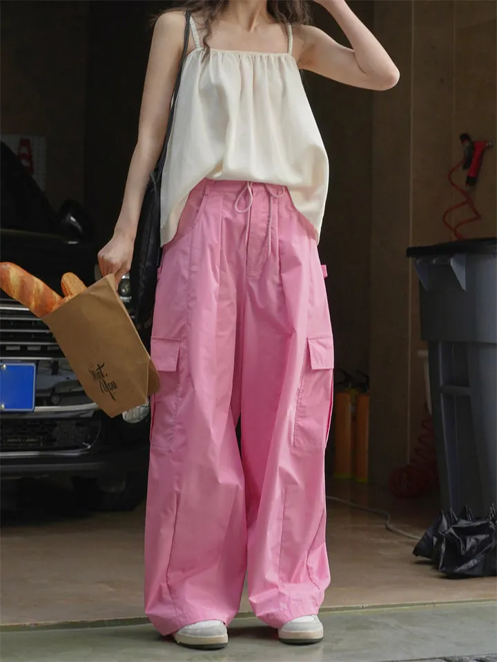 Female Solid Color Drawstring Elastic Waist Cargo Pants