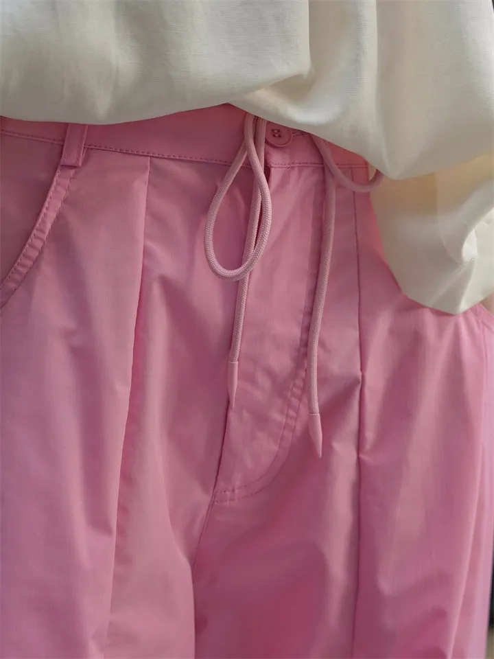 Female Solid Color Drawstring Elastic Waist Cargo Pants