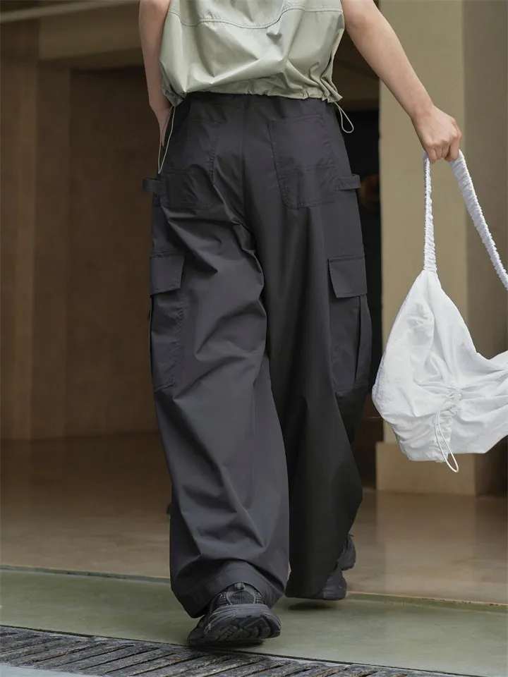 Female Solid Color Drawstring Elastic Waist Cargo Pants