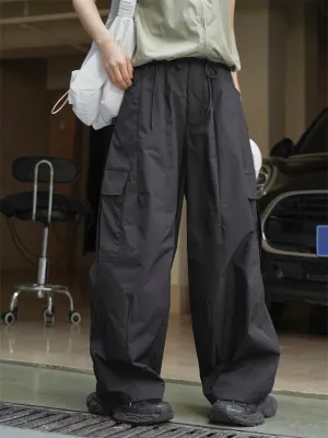 Female Solid Color Drawstring Elastic Waist Cargo Pants