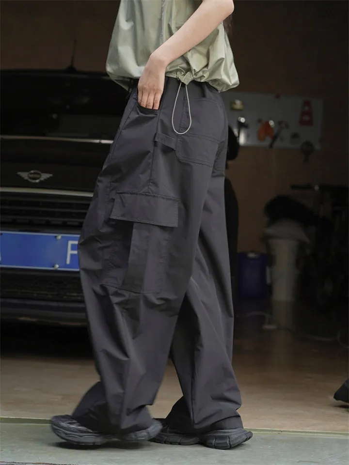 Female Solid Color Drawstring Elastic Waist Cargo Pants