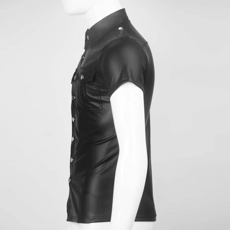 Fetish Clubwear PU Leather Shirt - Soft Faux Leather with Wetlook Button Design