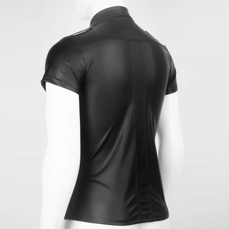 Fetish Clubwear PU Leather Shirt - Soft Faux Leather with Wetlook Button Design