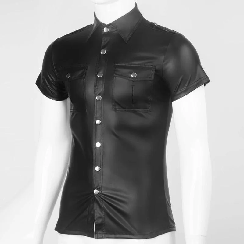 Fetish Clubwear PU Leather Shirt - Soft Faux Leather with Wetlook Button Design