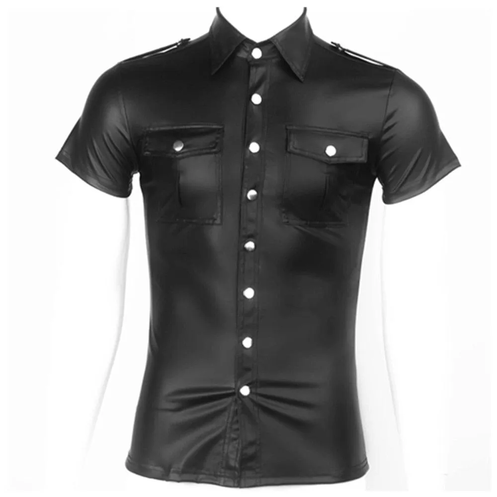 Fetish Clubwear PU Leather Shirt - Soft Faux Leather with Wetlook Button Design