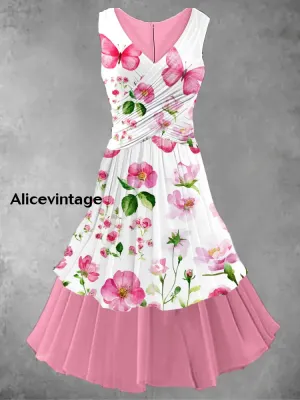 Floral Art Print 50s Vintage Elegant Chic Sleeveless Midi Dress