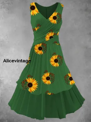 Floral Art Print 50s Vintage Elegant Chic Sleeveless Midi Dress