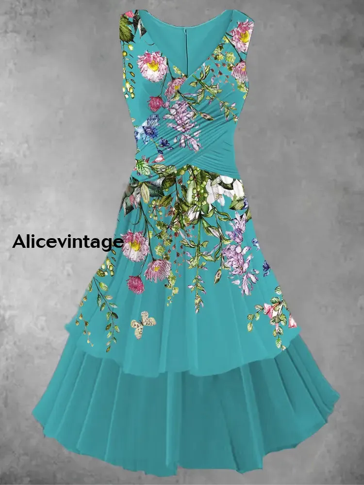 Floral Art Print 50s Vintage Elegant Chic Sleeveless Midi Dress