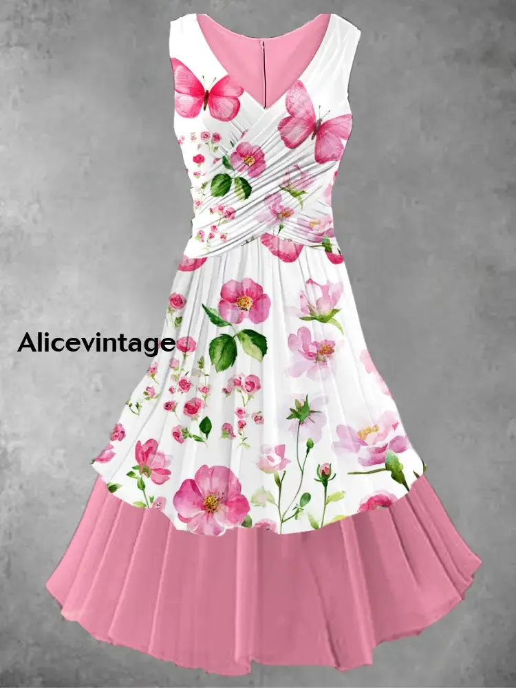 Floral Art Print 50s Vintage Elegant Chic Sleeveless Midi Dress