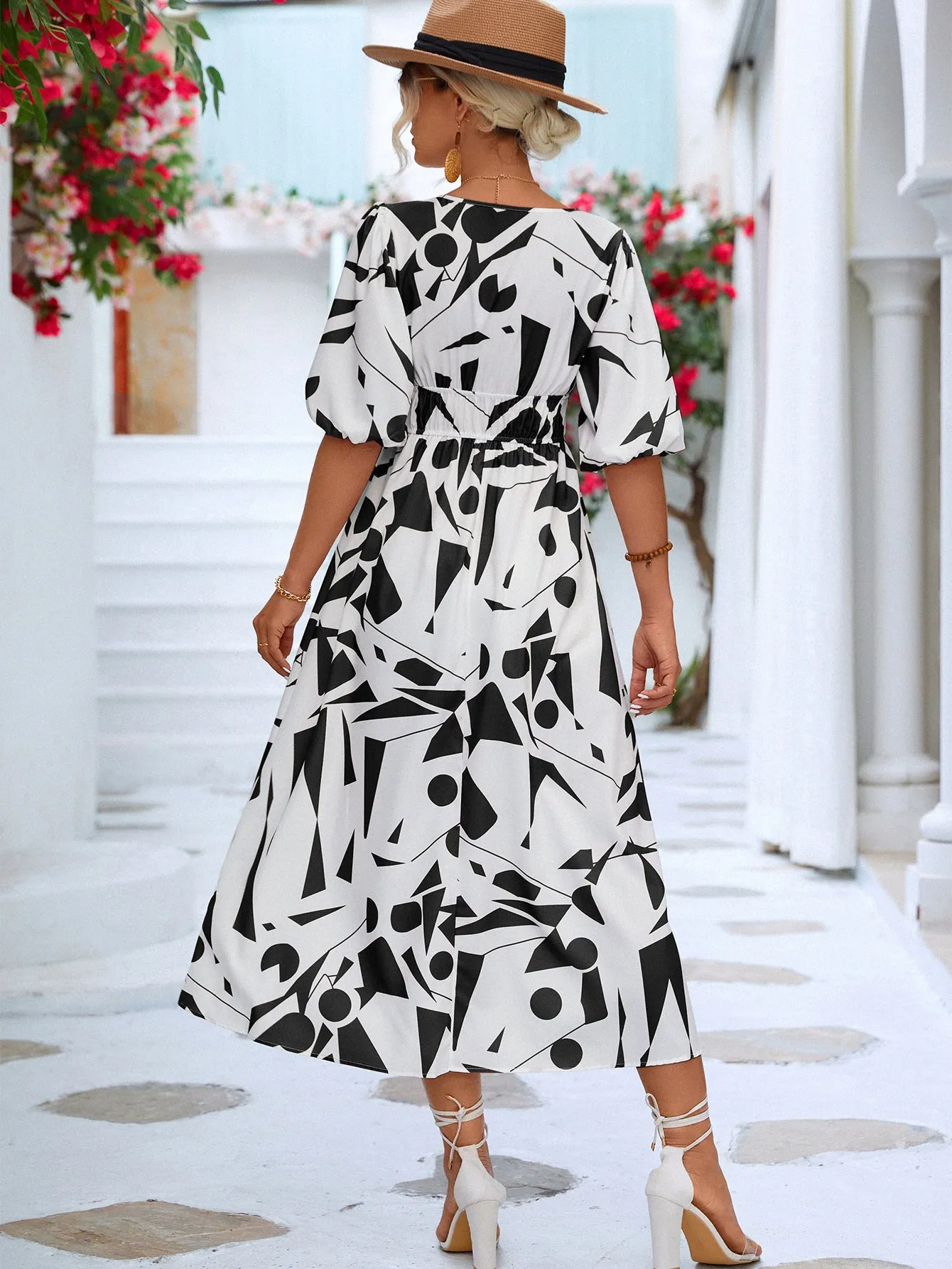 Geo Printed Surplice Balloon Sleeve Dress (3 Colors)