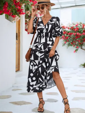 Geo Printed Surplice Balloon Sleeve Dress (3 Colors)