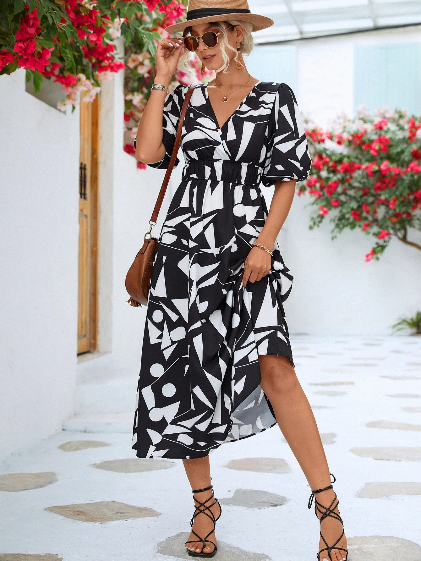 Geo Printed Surplice Balloon Sleeve Dress (3 Colors)