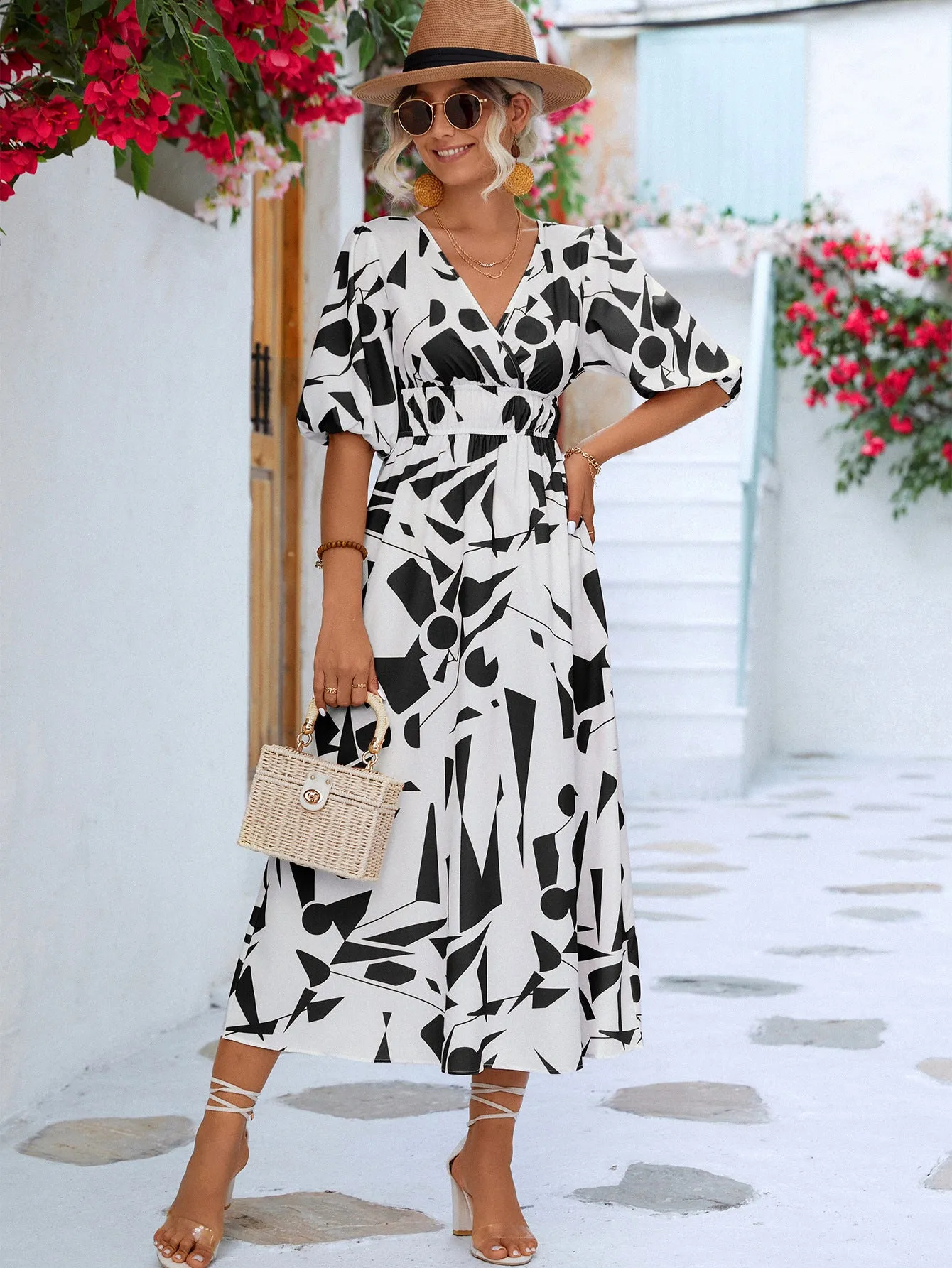 Geo Printed Surplice Balloon Sleeve Dress (3 Colors)