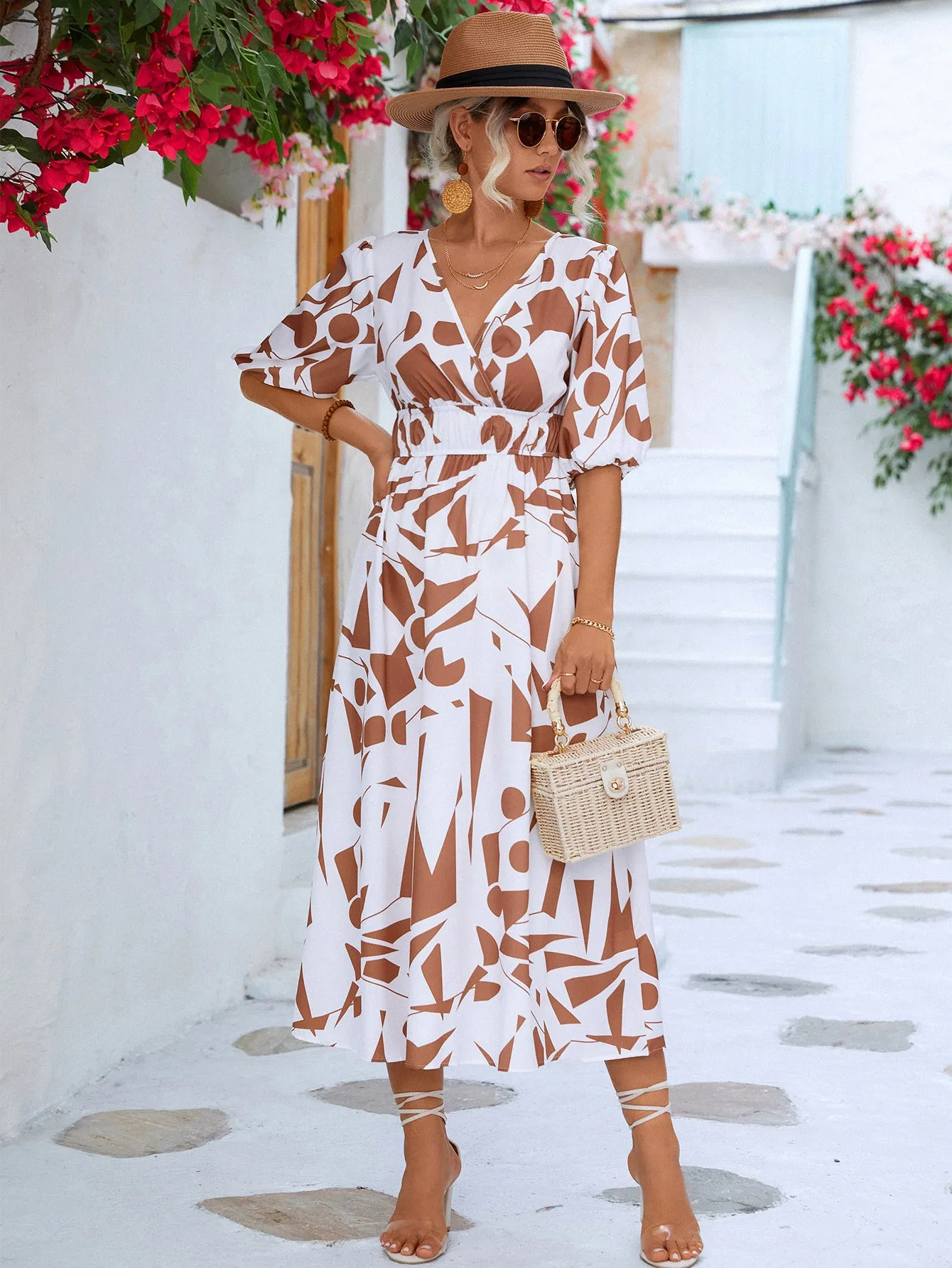 Geo Printed Surplice Balloon Sleeve Dress (3 Colors)
