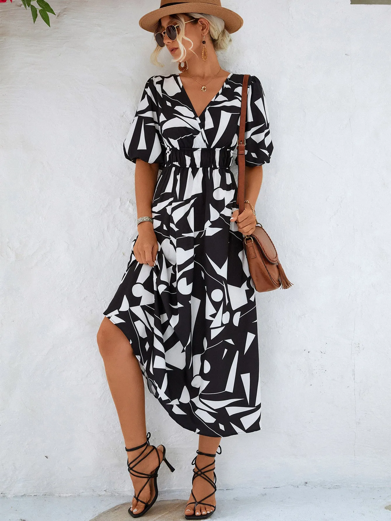 Geo Printed Surplice Balloon Sleeve Dress (3 Colors)
