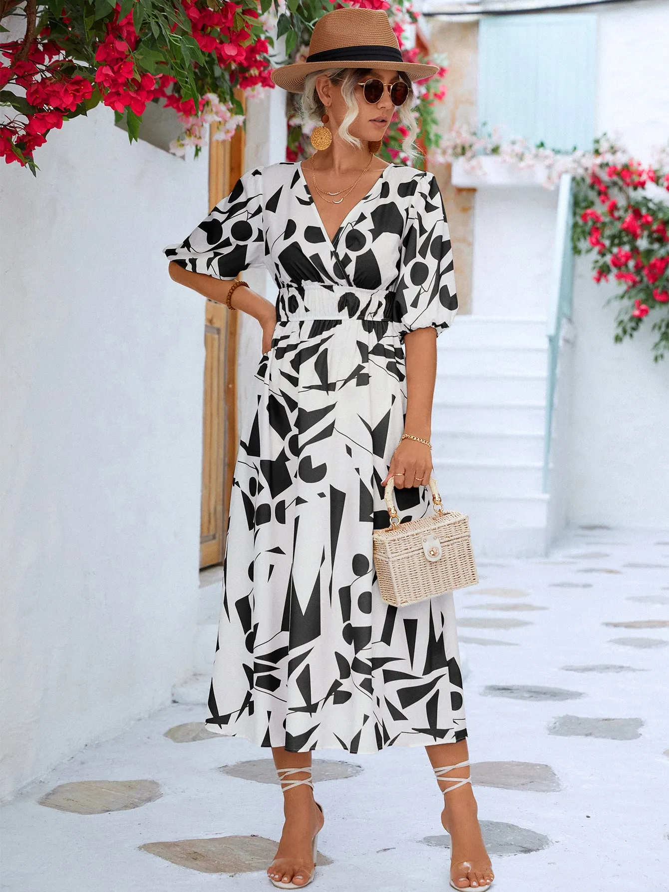 Geo Printed Surplice Balloon Sleeve Dress (3 Colors)