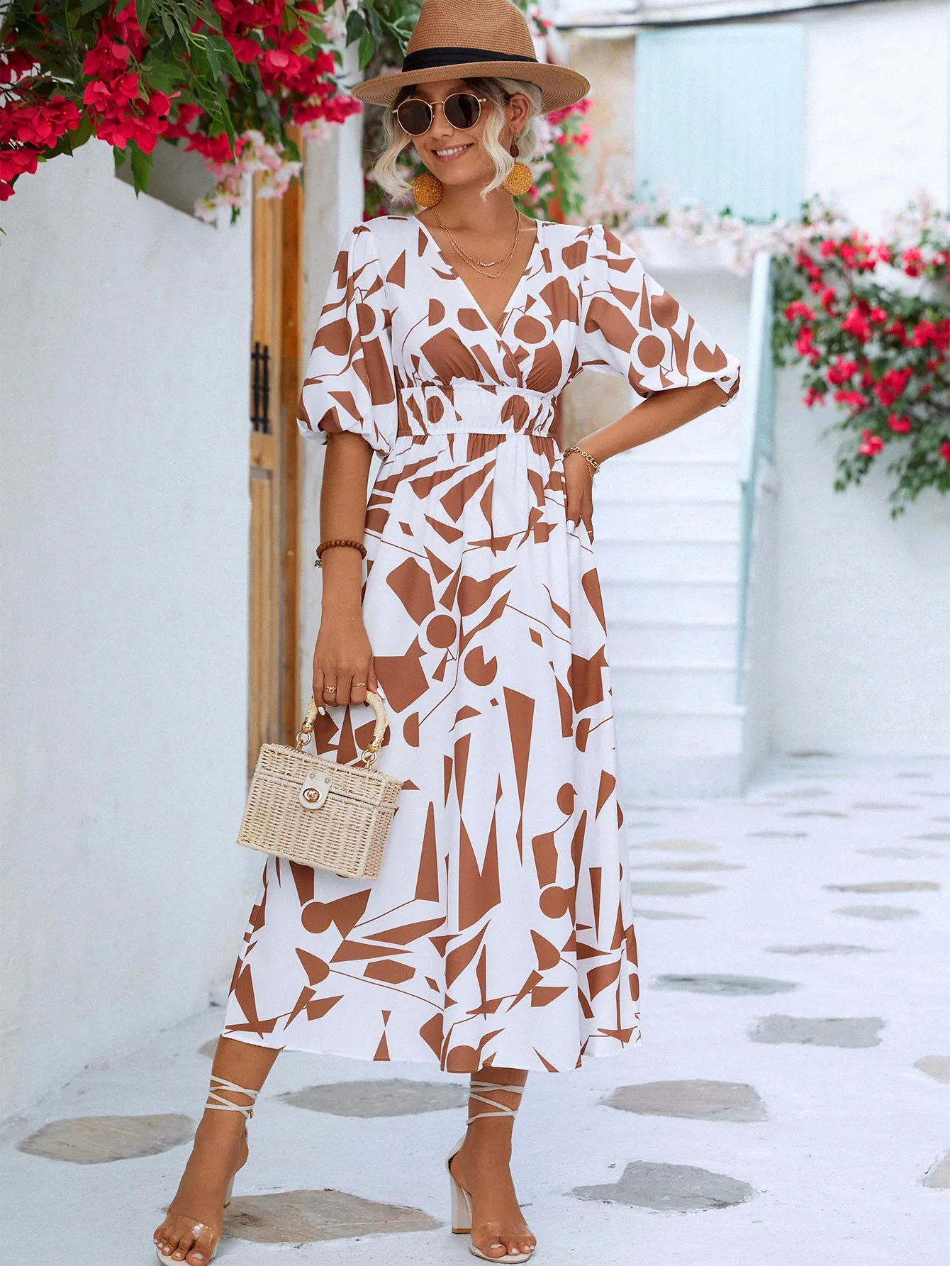 Geo Printed Surplice Balloon Sleeve Dress (3 Colors)