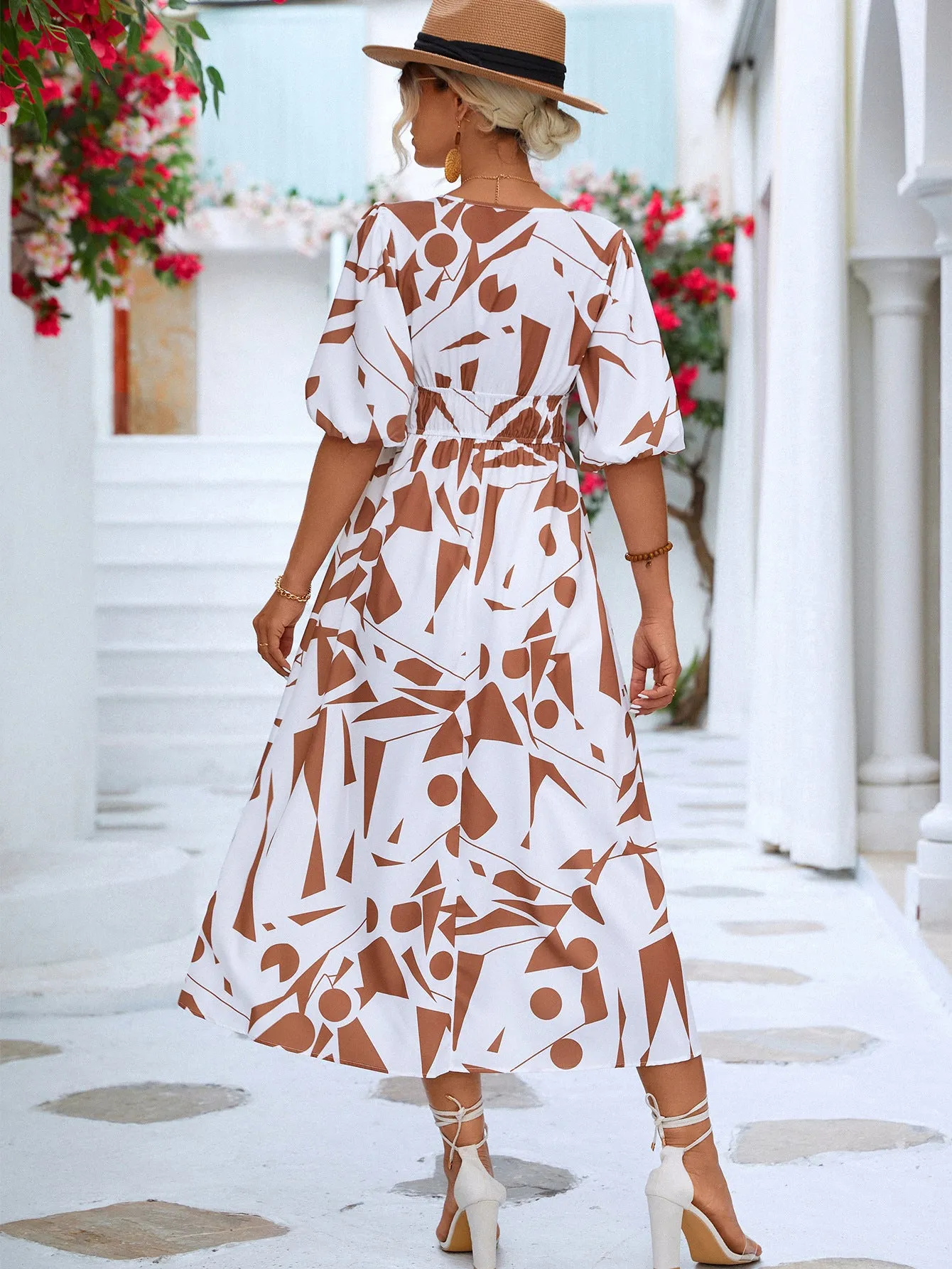 Geo Printed Surplice Balloon Sleeve Dress (3 Colors)