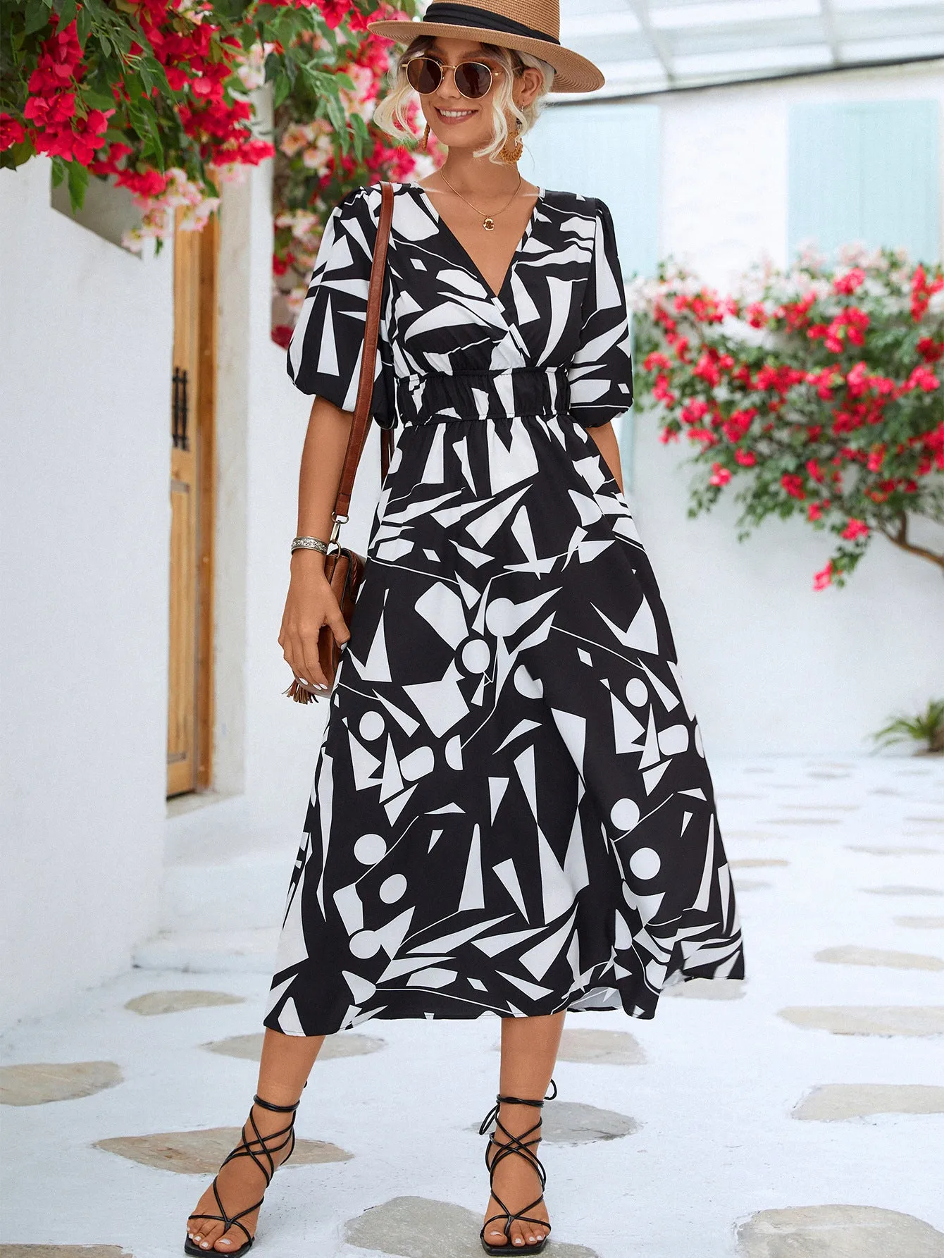 Geo Printed Surplice Balloon Sleeve Dress (3 Colors)