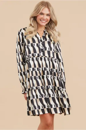 Geometric Print Dress W/Buttoned Collar Neck