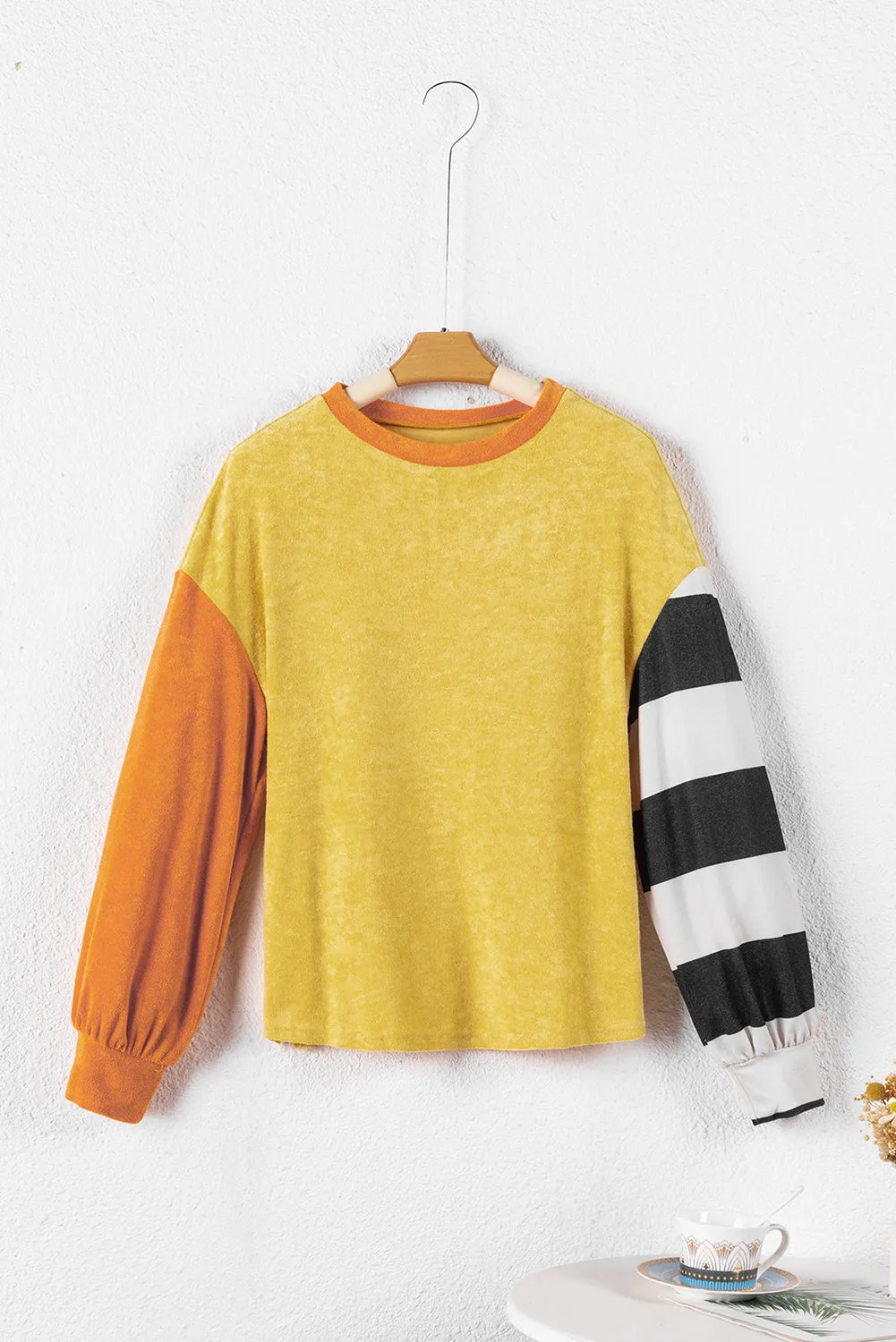 Ginger Colorblock Striped Sleeve Patchwork Drop Shoulder Top