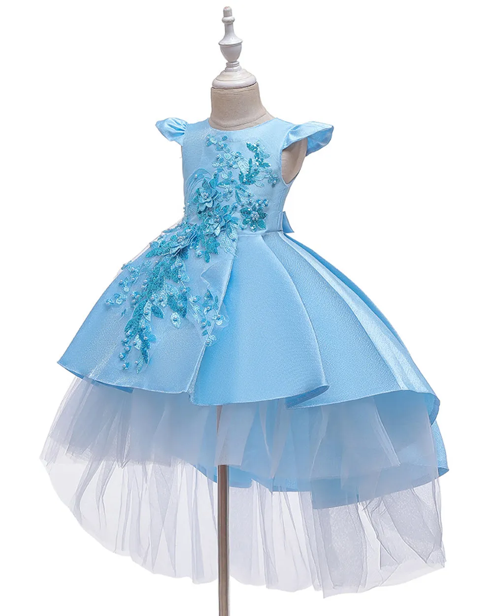 Girls Floral Embroidered Tulle Birthday Wedding Dress Flower Girl Dress With Train