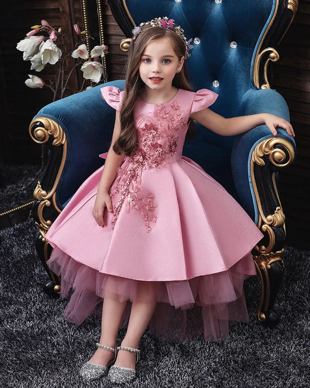 Girls Floral Embroidered Tulle Birthday Wedding Dress Flower Girl Dress With Train