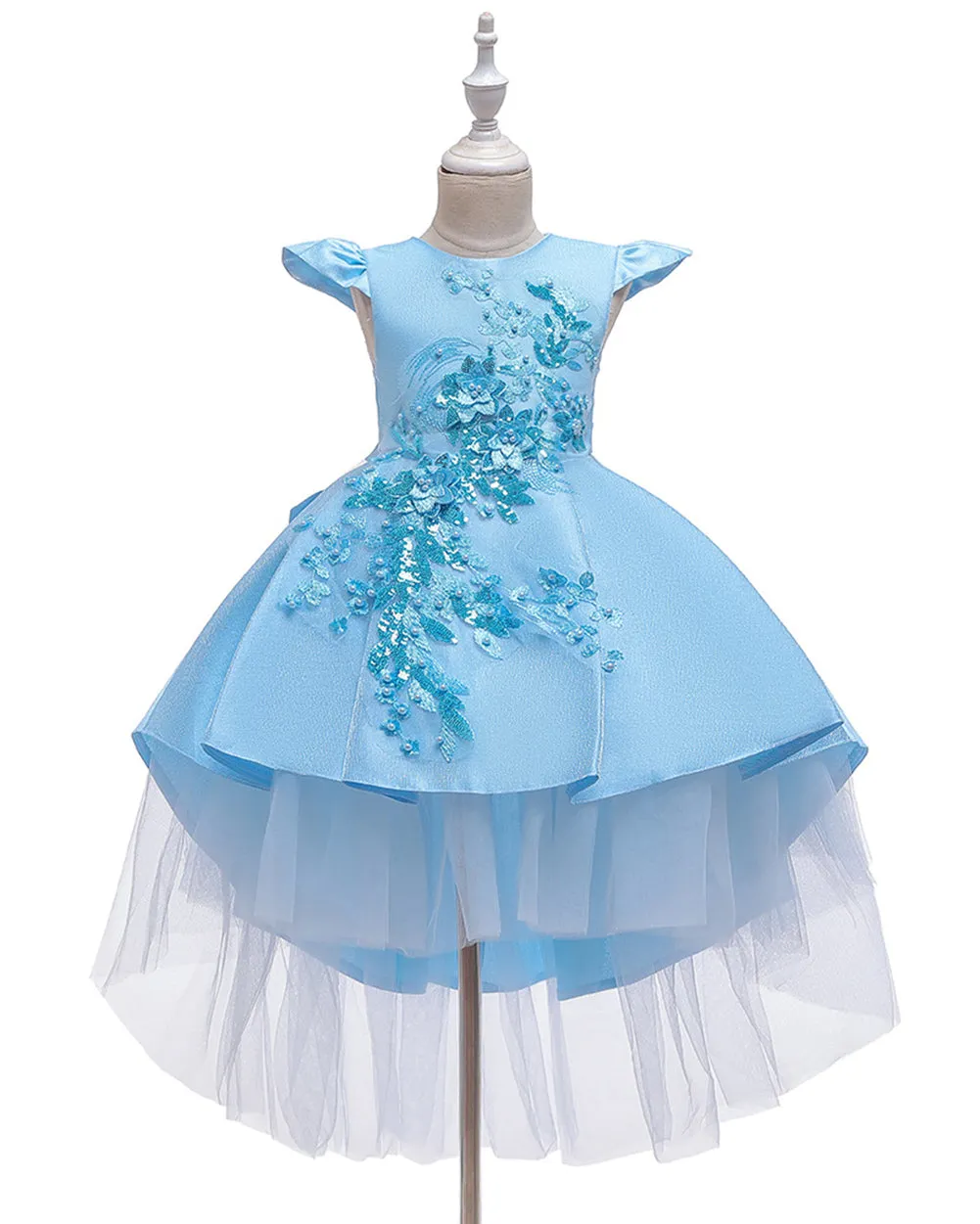 Girls Floral Embroidered Tulle Birthday Wedding Dress Flower Girl Dress With Train