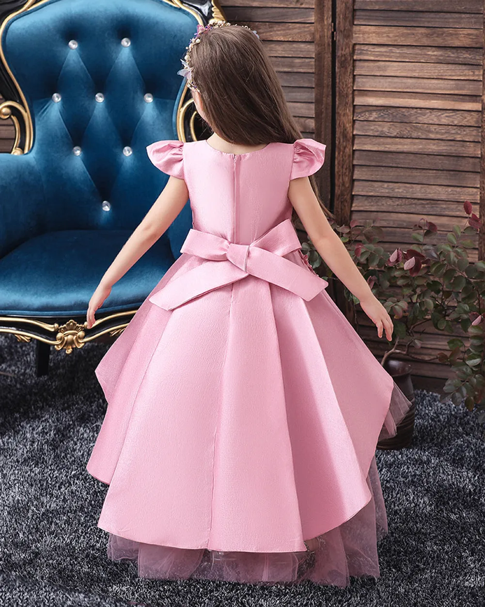 Girls Floral Embroidered Tulle Birthday Wedding Dress Flower Girl Dress With Train