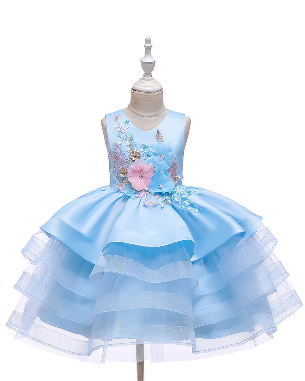 Girls Sleeveless 3D Flower Knee-Length Formal Dress