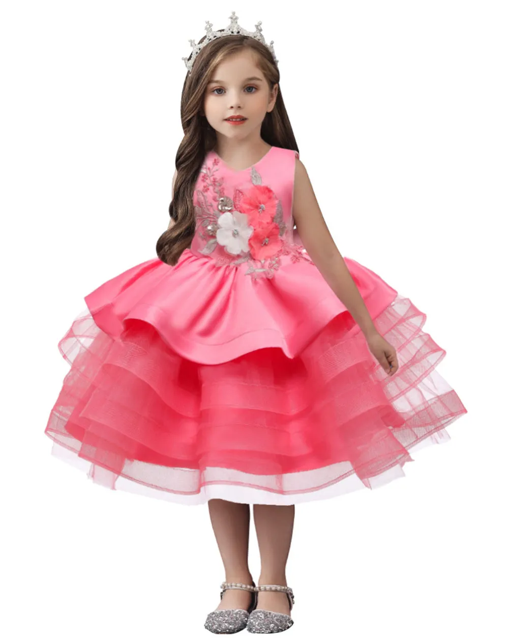 Girls Sleeveless 3D Flower Knee-Length Formal Dress