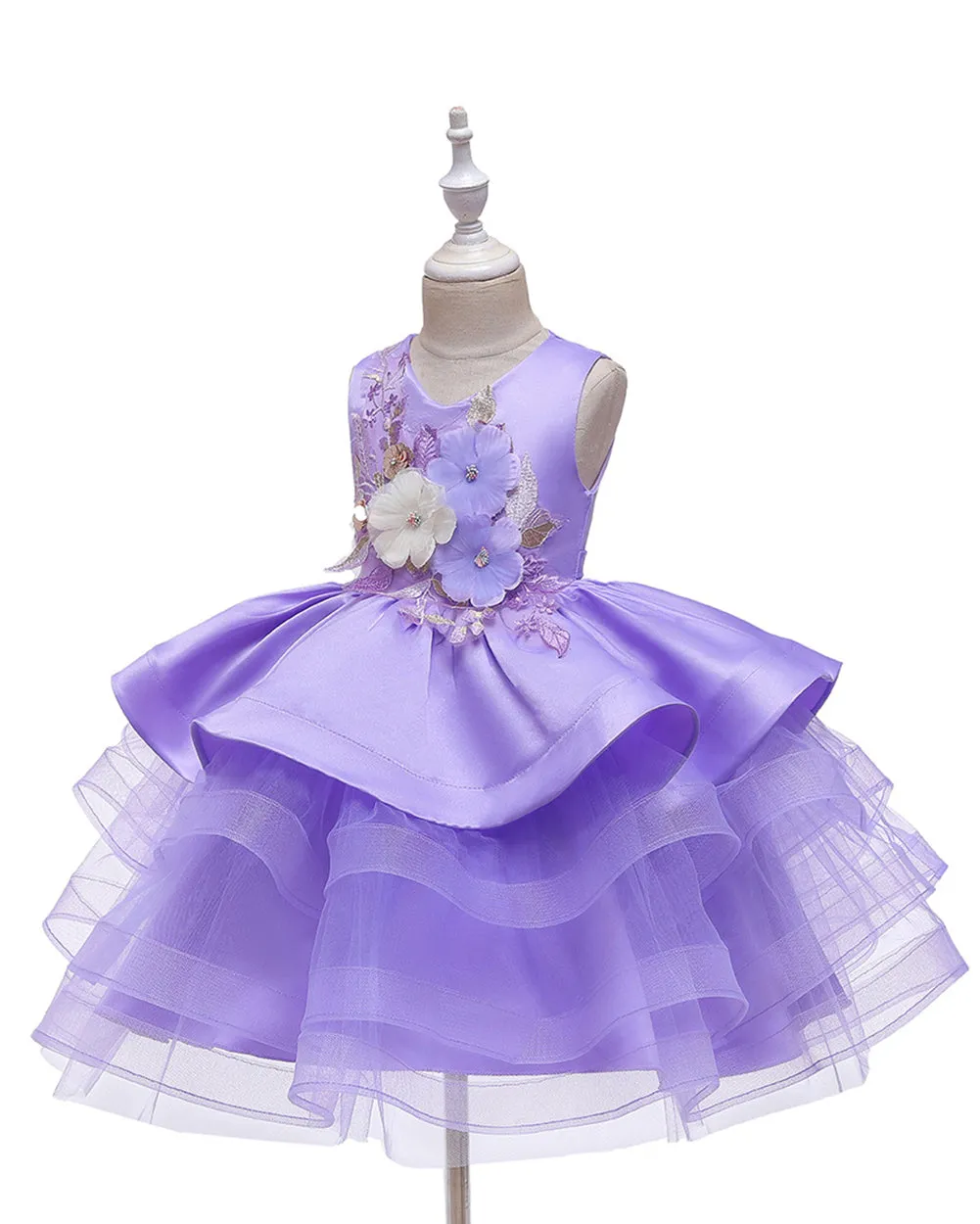 Girls Sleeveless 3D Flower Knee-Length Formal Dress