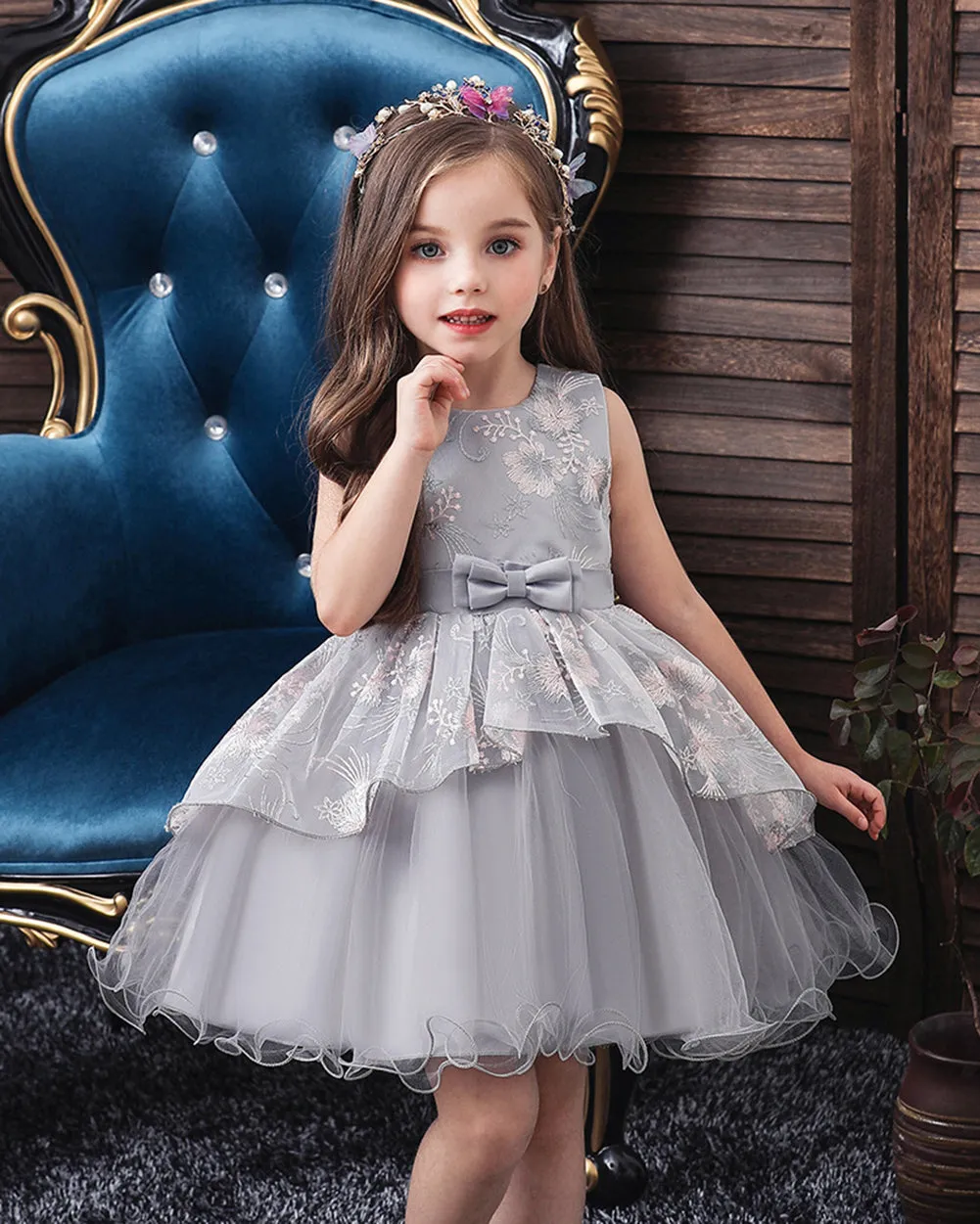 Girls Sleeveless Embroidered Bow Tie Dress Party Wedding Flower Dress