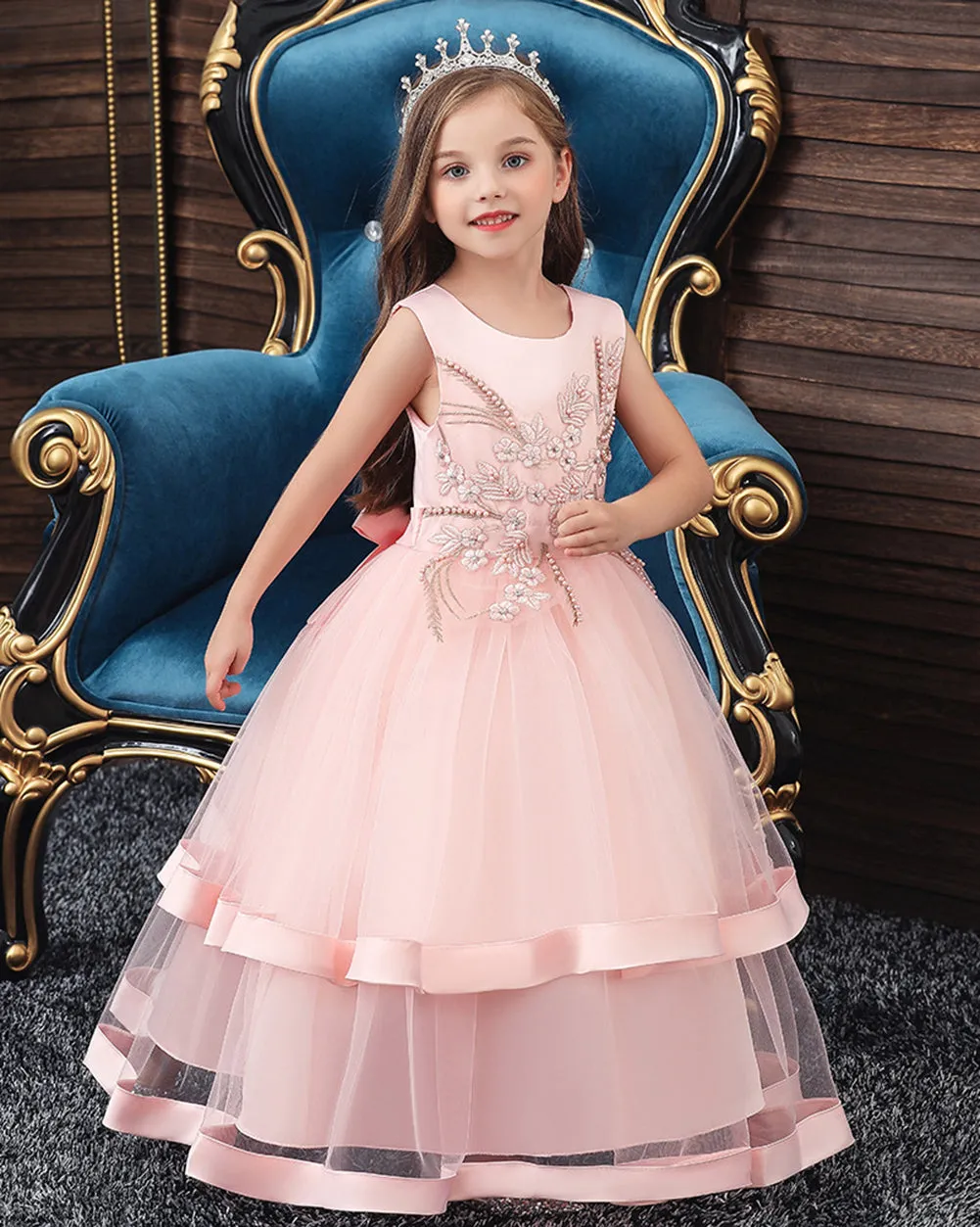 Girls Sleeveless Flower Embroidered Formal Dress Ankle Length Flower Girl Dress