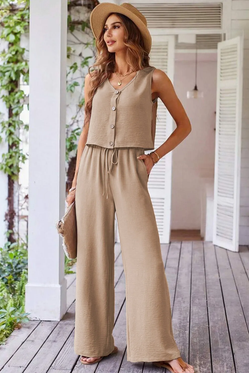Goat Buttoned Vest Drawstring Wide Leg Pants 2pcs Set
