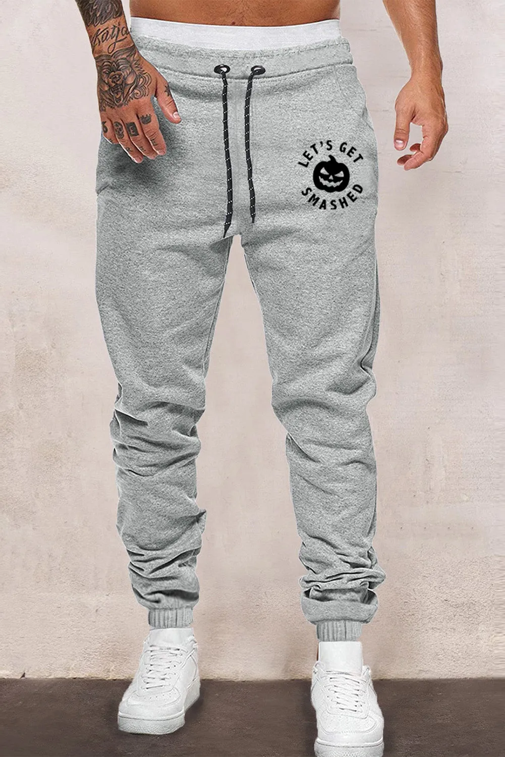 Gray Halloween Letter Pumpkin Print Elastic Waist Men's Pants